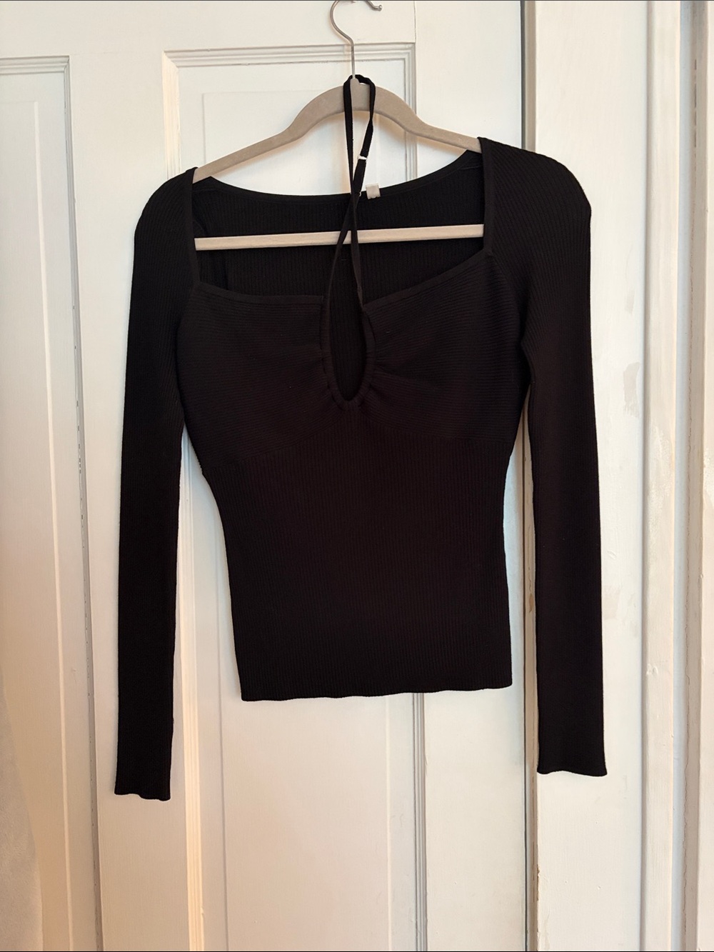 A.L.C. Black Ribbed Long-Sleeve Top with Keyhole Neck
